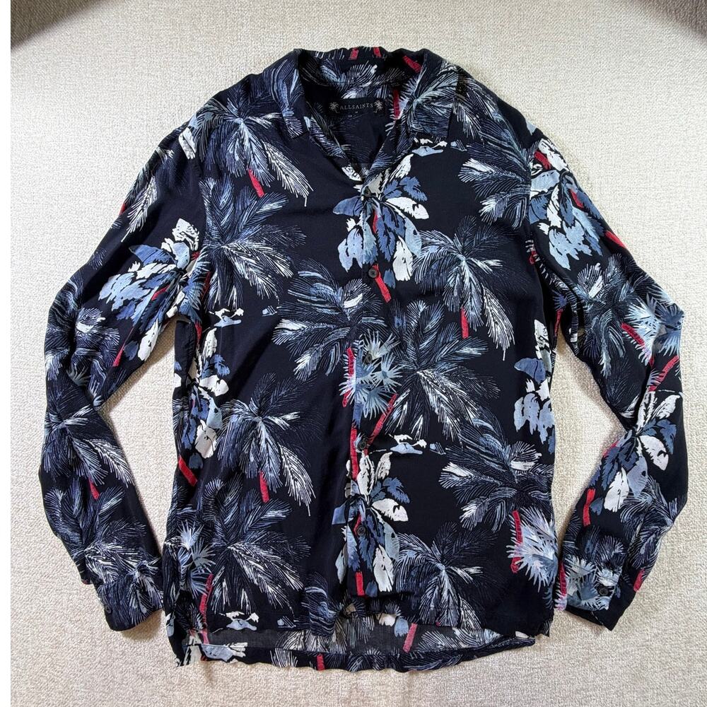 AllSaints Women's M Blue Palm Tree Long Sleeve Button Front Lightweight Blouse